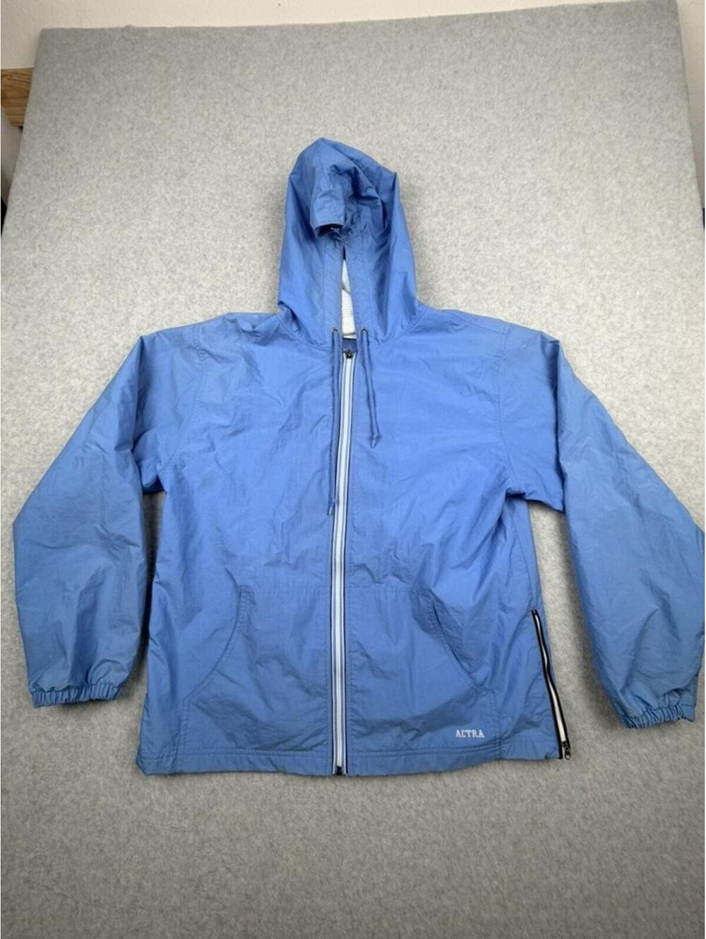 ACTRA Mens Windbreaker Jacket Hooded Full Zip Blue L‎ Nylon Lightweight